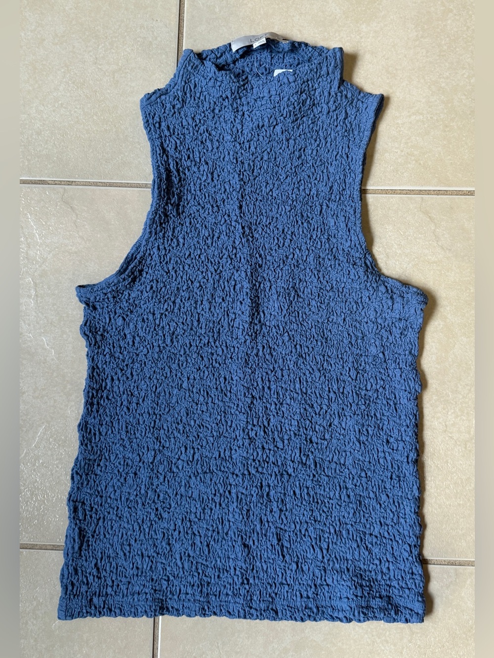 NWT Loft Smocked Mock Neck Sleeveless Top Size S Blue Popcorn Texture Shell